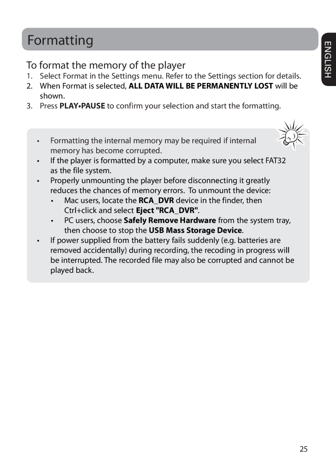 RCA VR5235 user manual Formatting, To format the memory of the player 