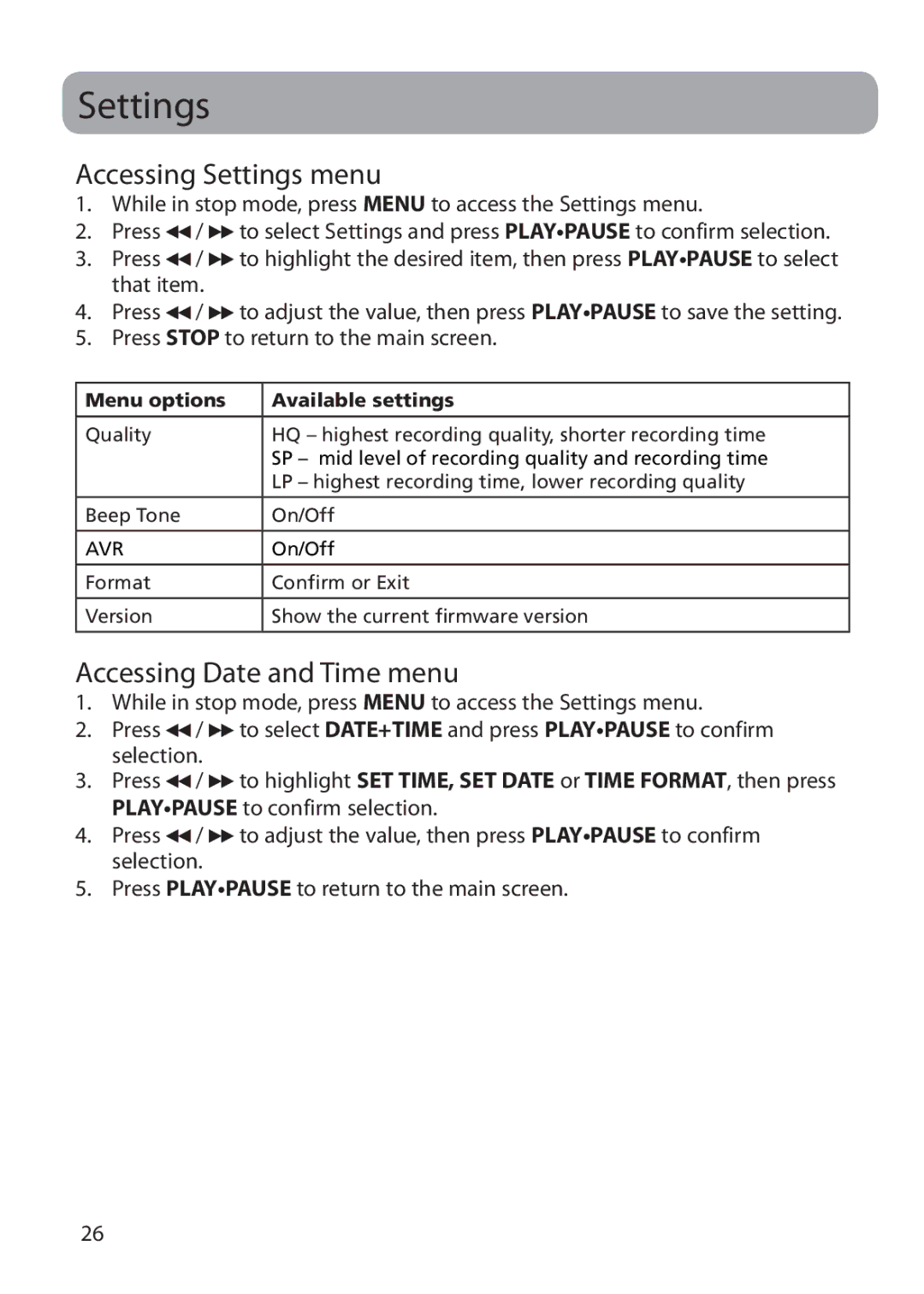 RCA VR5235 user manual Accessing Settings menu, Accessing Date and Time menu 