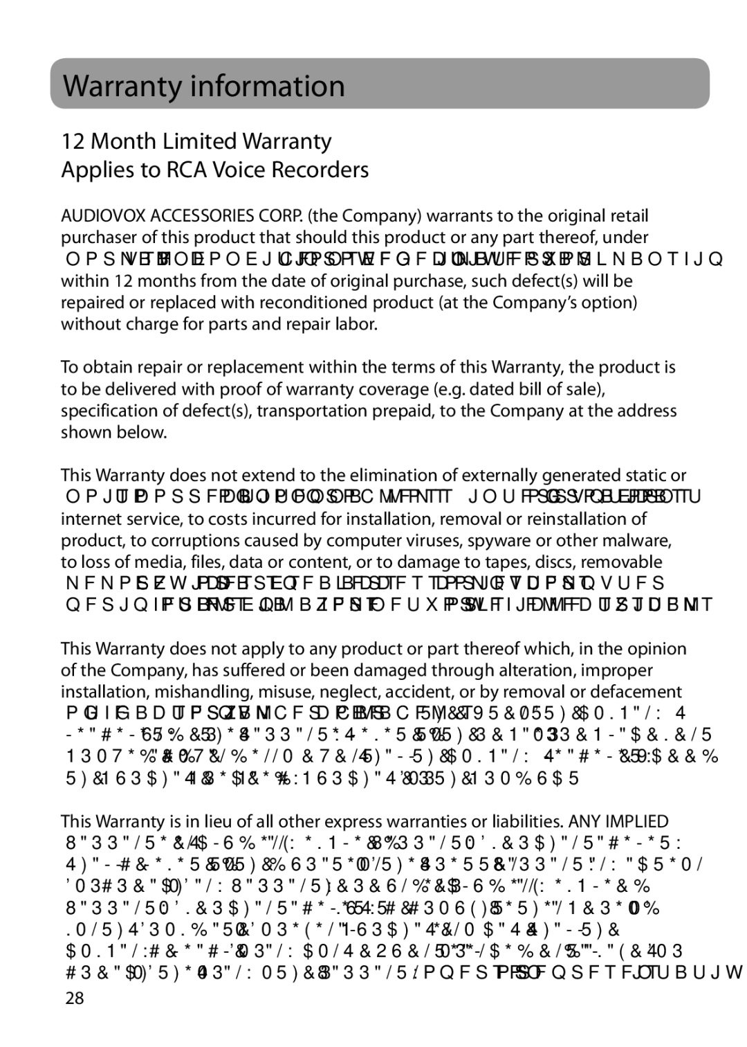 RCA VR5235 user manual Warranty information, Month Limited Warranty Applies to RCA Voice Recorders 