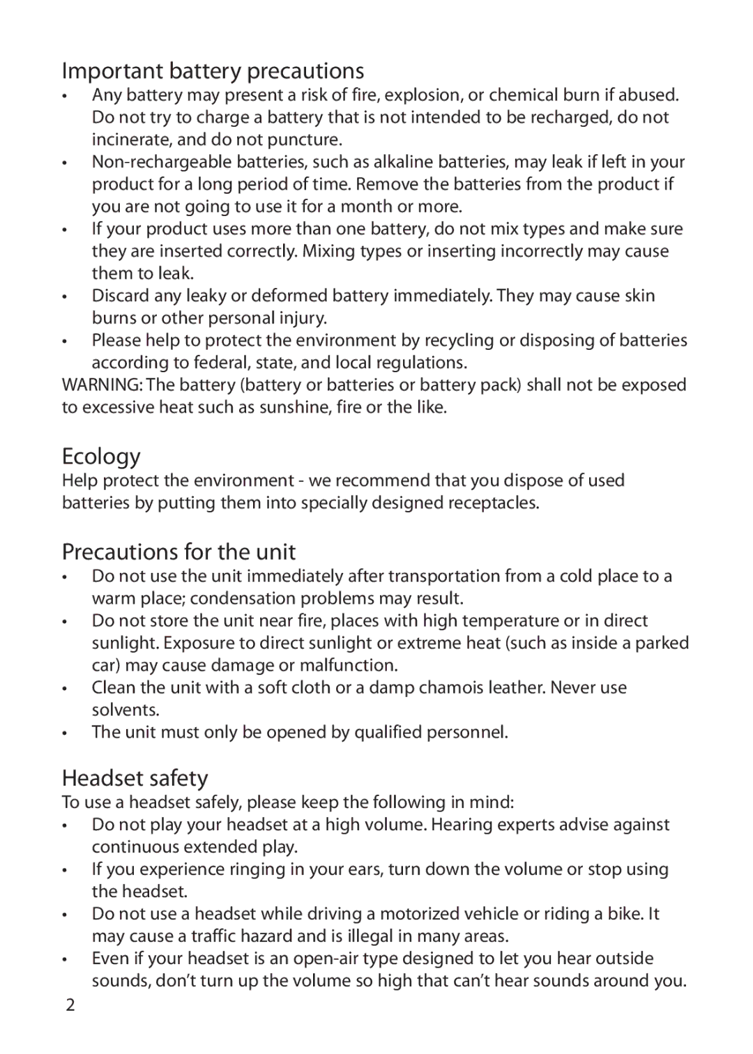 RCA VR5235 user manual Important battery precautions, Ecology, Precautions for the unit, Headset safety 