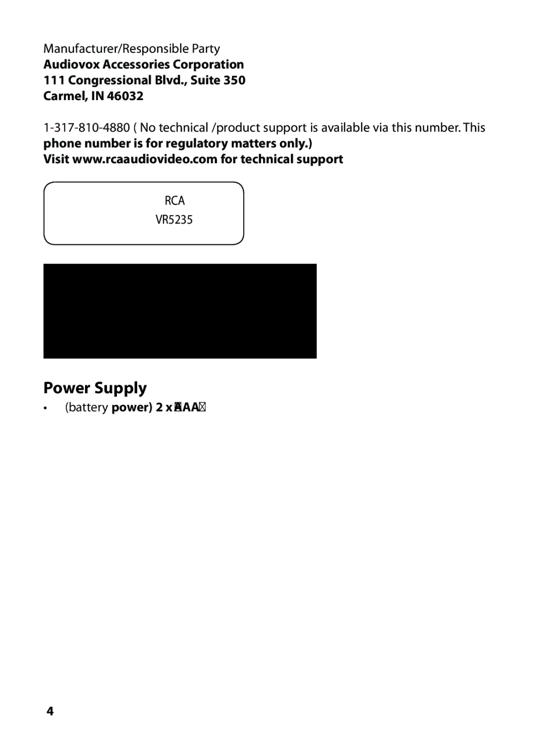 RCA VR5235 user manual Power Supply, Rca 