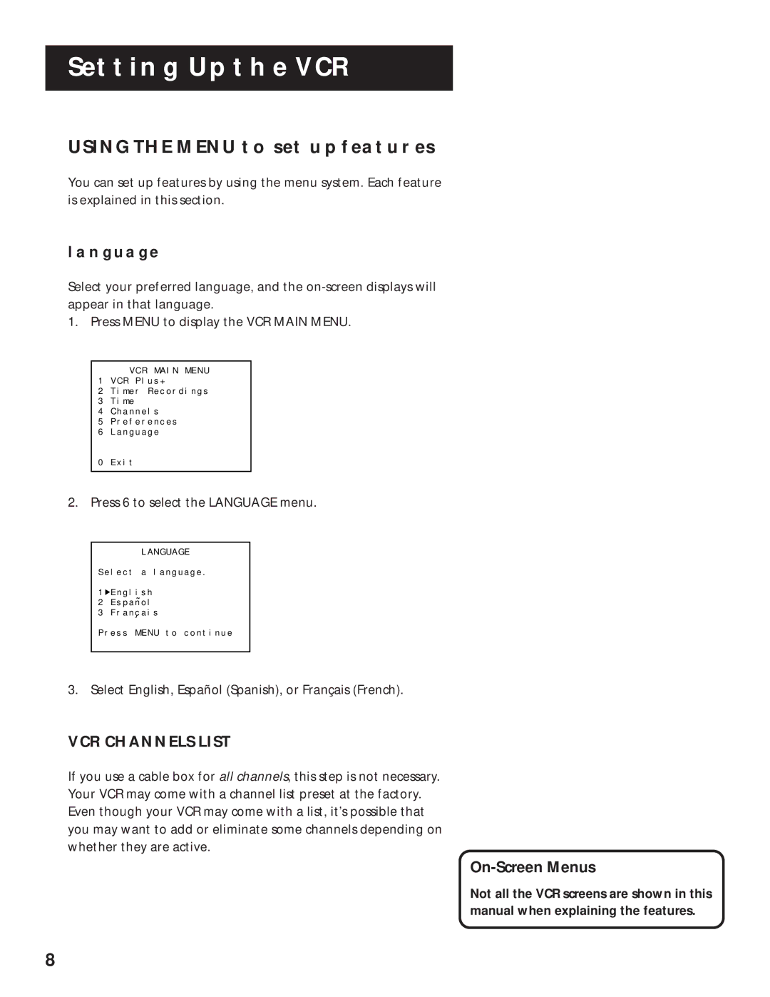 RCA VR525 manual Using the Menu to SET UP Features, Language, VCR Channels List, On-Screen Menus 