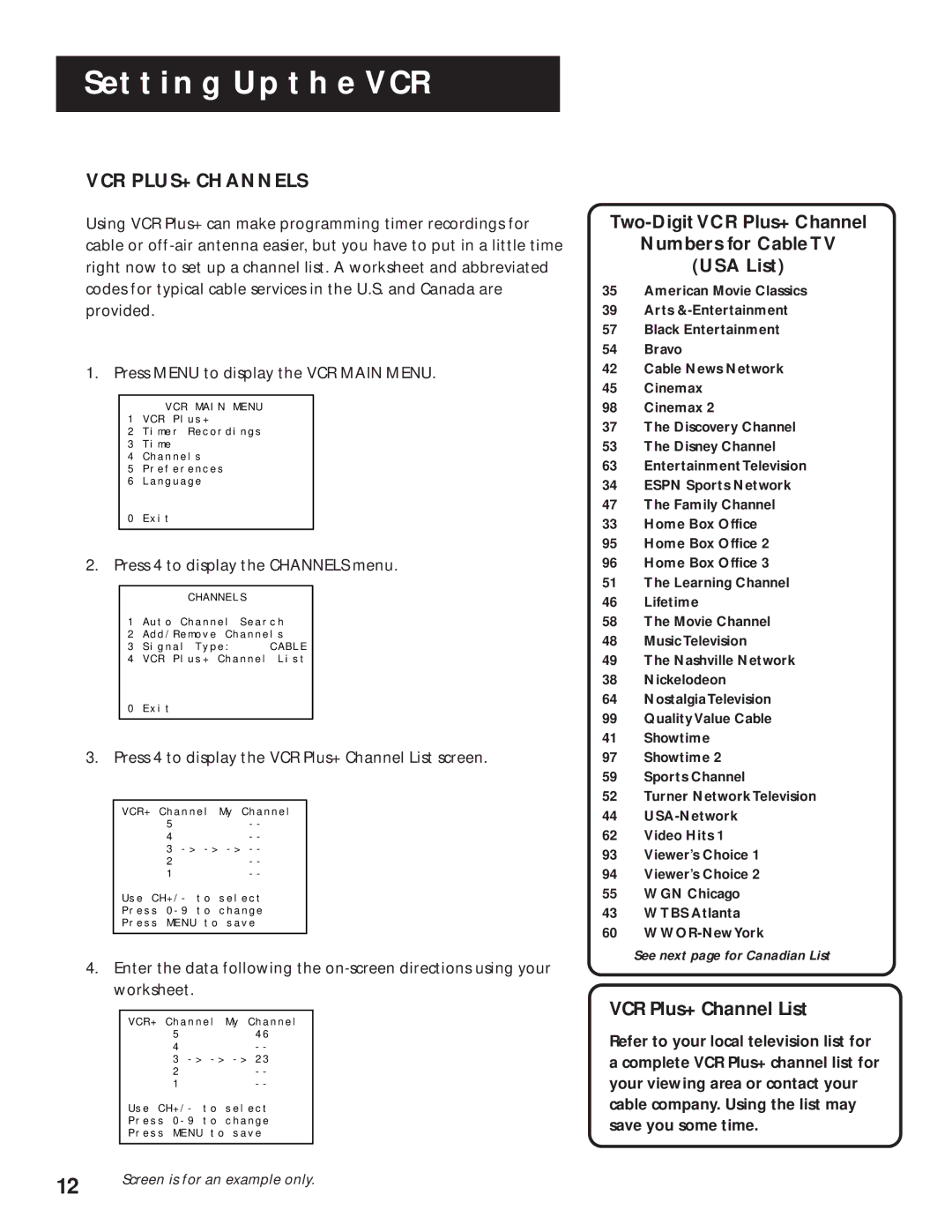 RCA VR525 manual VCR PLUS+ Channels, Two-Digit VCR Plus+ Channel Numbers for Cable TV USA List, VCR Plus+ Channel List 