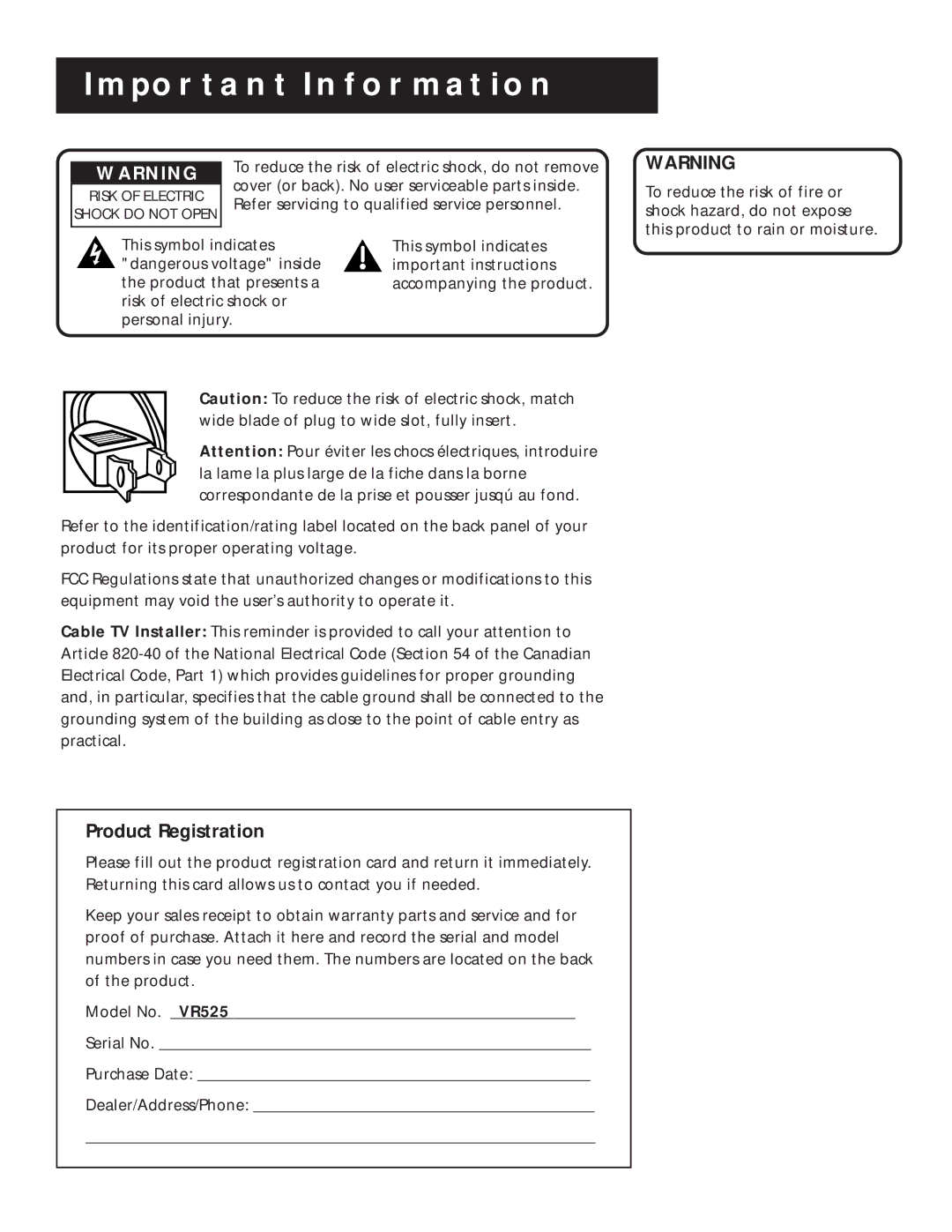 RCA VR525 manual Important Information, Product Registration 