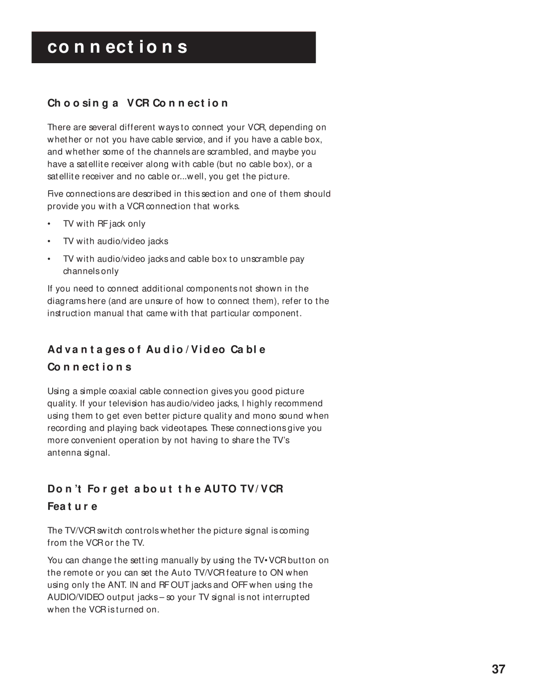 RCA VR525 manual Choosing a VCR Connection, Advantages of AUDIO/VIDEO Cable Connections 