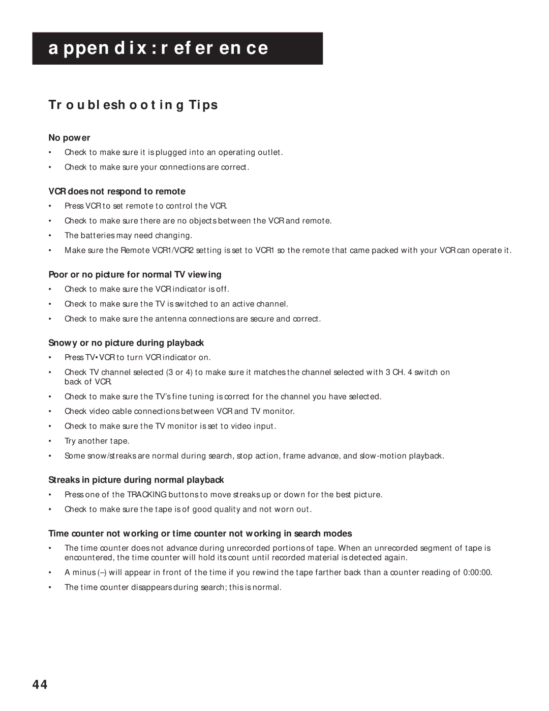 RCA VR525 manual Troubleshooting Tips 