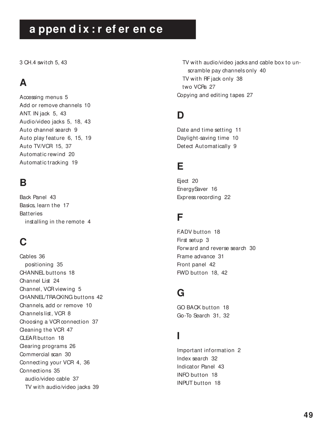 RCA VR525 manual Appendix Reference 