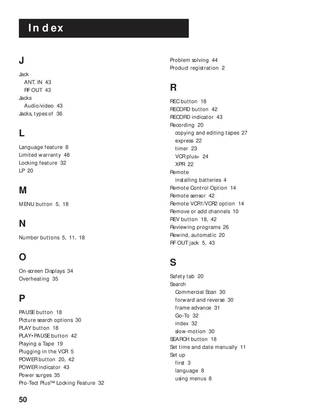 RCA VR525 manual Index, Rf Out 