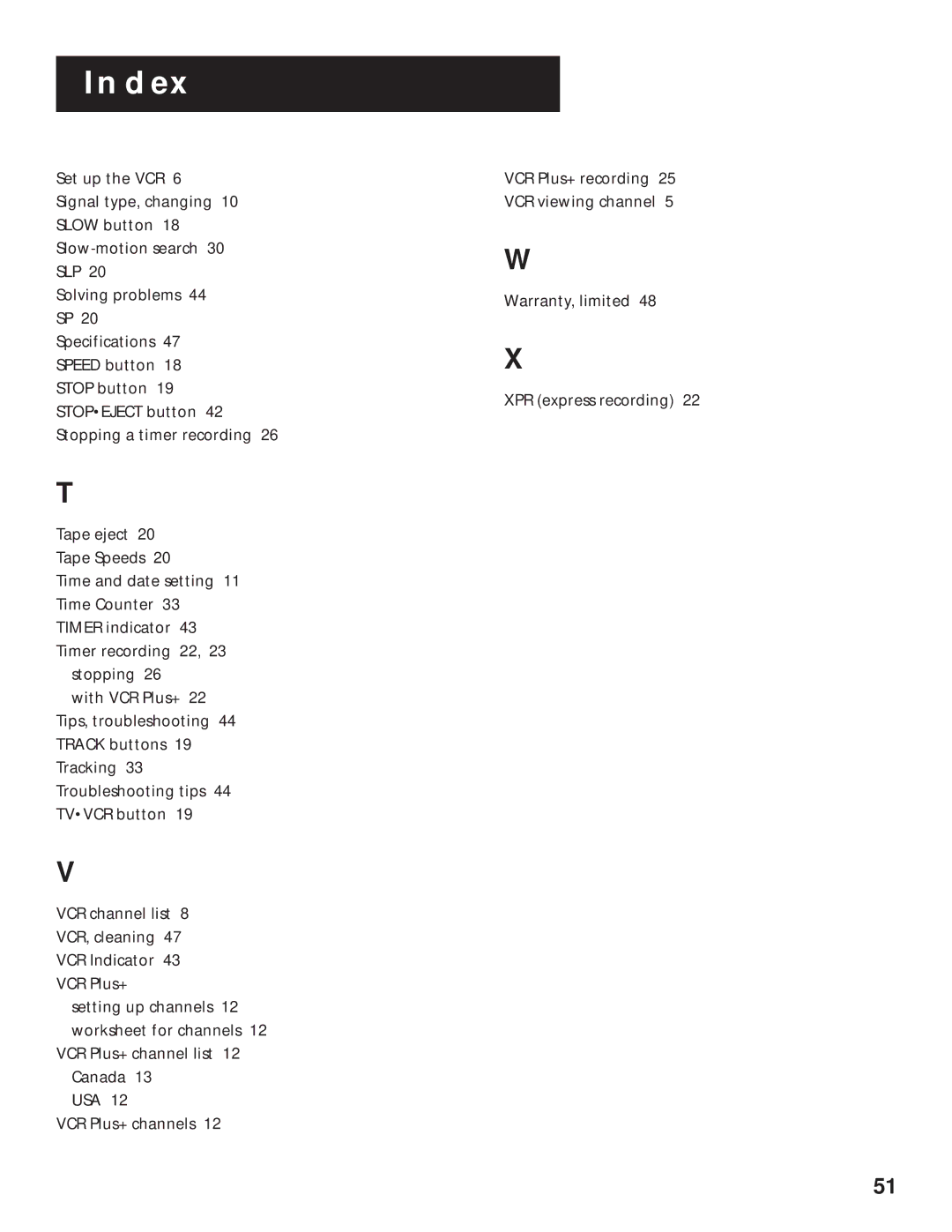 RCA VR525 manual Index 