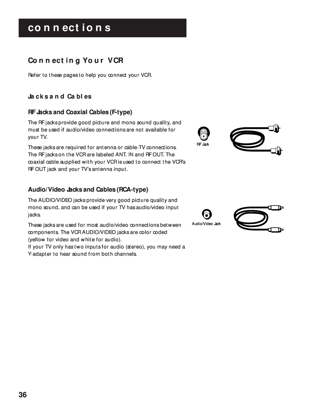 RCA VR525 manual Connecting Your Vcr, Connections, JACKS AND CABLES RF Jacks and Coaxial Cables F-type 