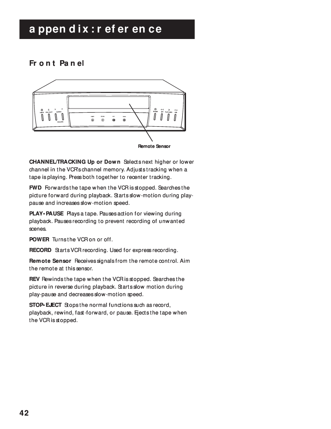 RCA VR525 manual Front Panel, Appendix Reference 