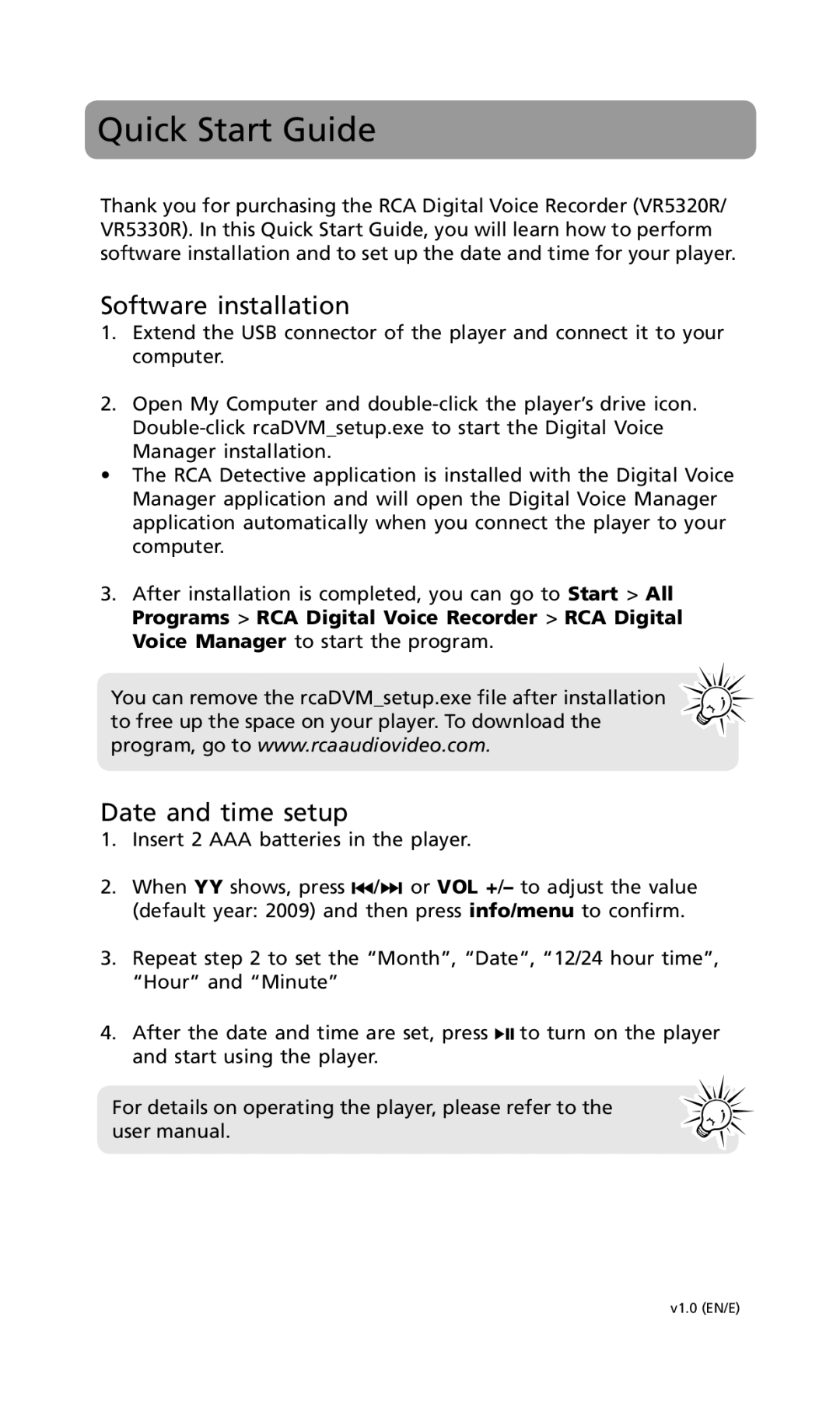 RCA VR5320R, VR5330R quick start Quick Start Guide, Software installation, Date and time setup 