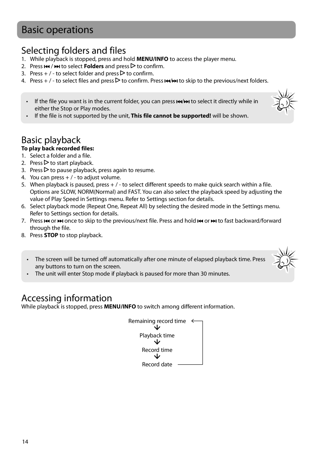 RCA VR5340 user manual Basic operations, Selecting folders and files, Basic playback, Accessing information 