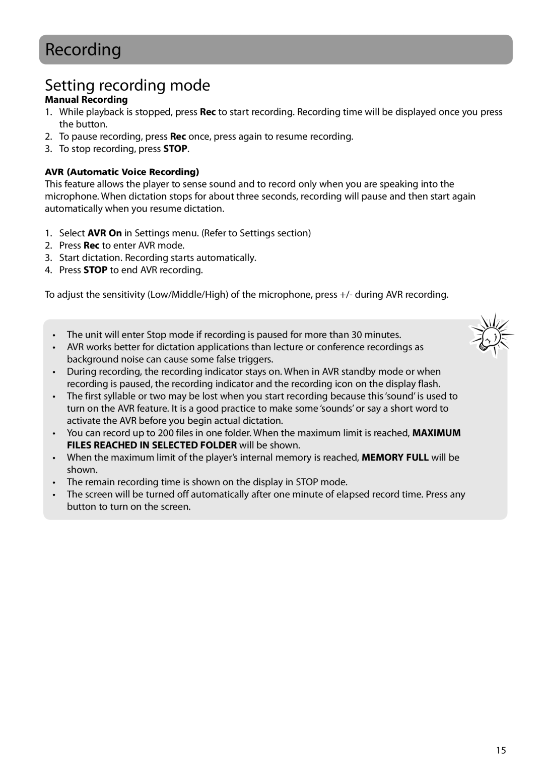 RCA VR5340 user manual Setting recording mode, Manual Recording 