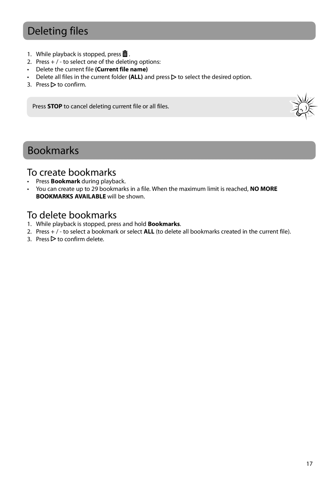 RCA VR5340 user manual Deleting files, Bookmarks, To create bookmarks, To delete bookmarks 