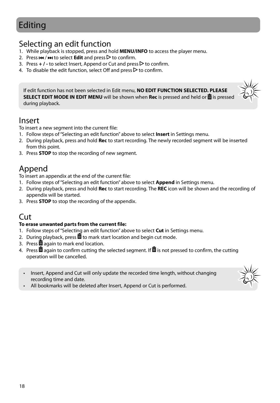 RCA VR5340 user manual Editing, Selecting an edit function, Insert, Append, Cut 