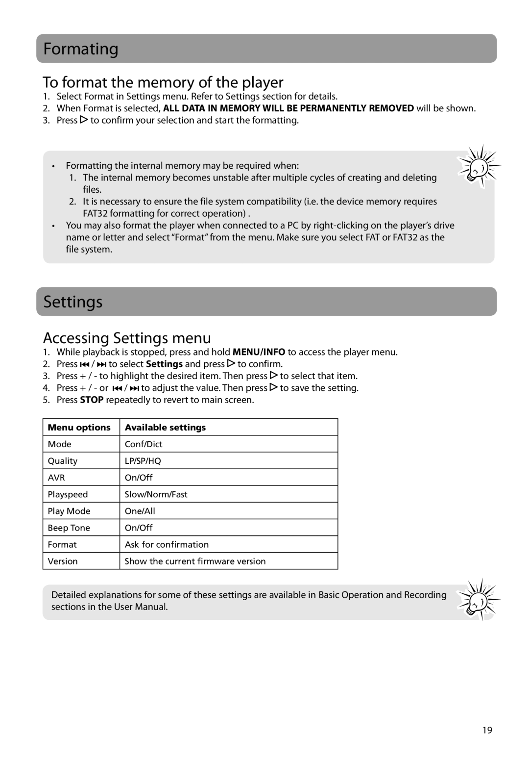 RCA VR5340 user manual Formating, To format the memory of the player, Accessing Settings menu 