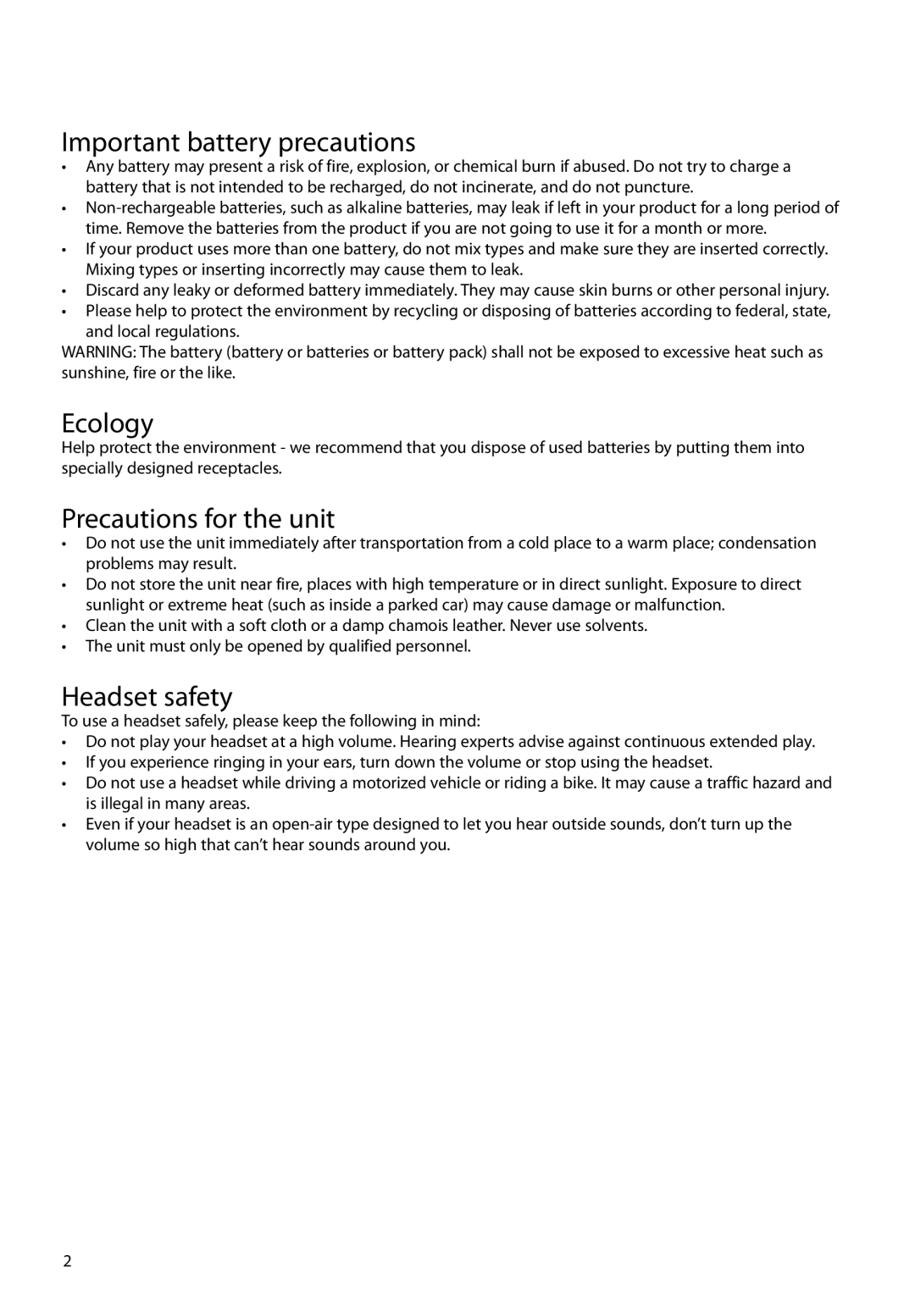 RCA VR5340 user manual Important battery precautions, Ecology, Precautions for the unit, Headset safety 