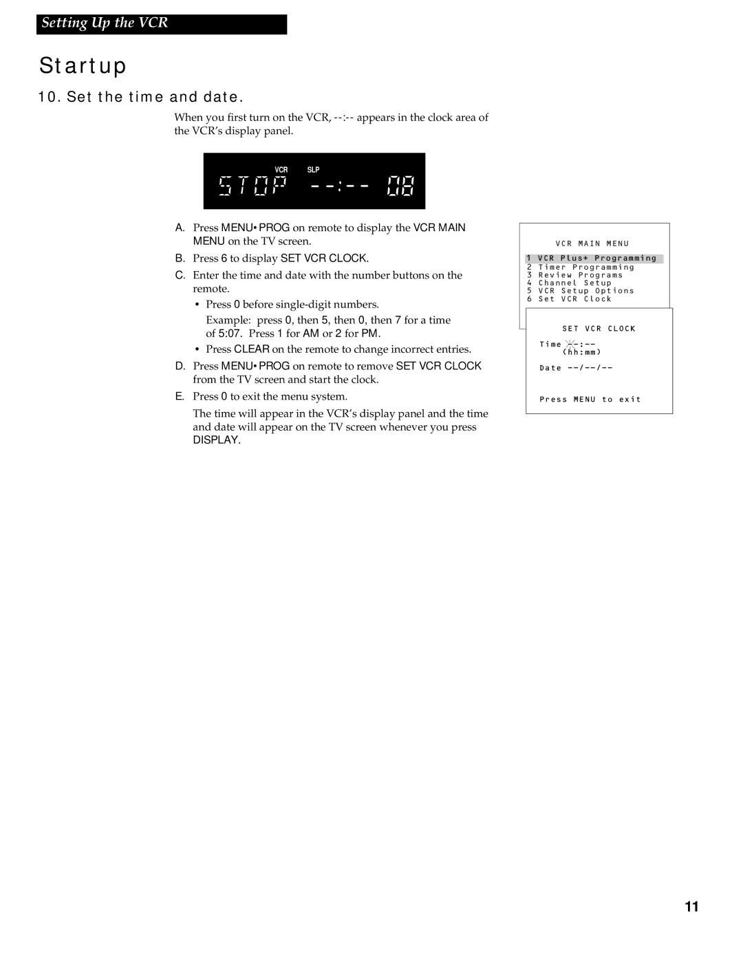 RCA VR538 manual Set the time and date, Display 