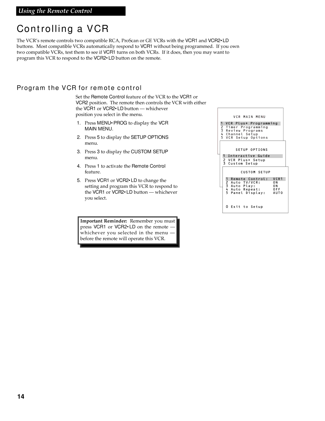 RCA VR538 manual Controlling a VCR, Program the VCR for remote control 