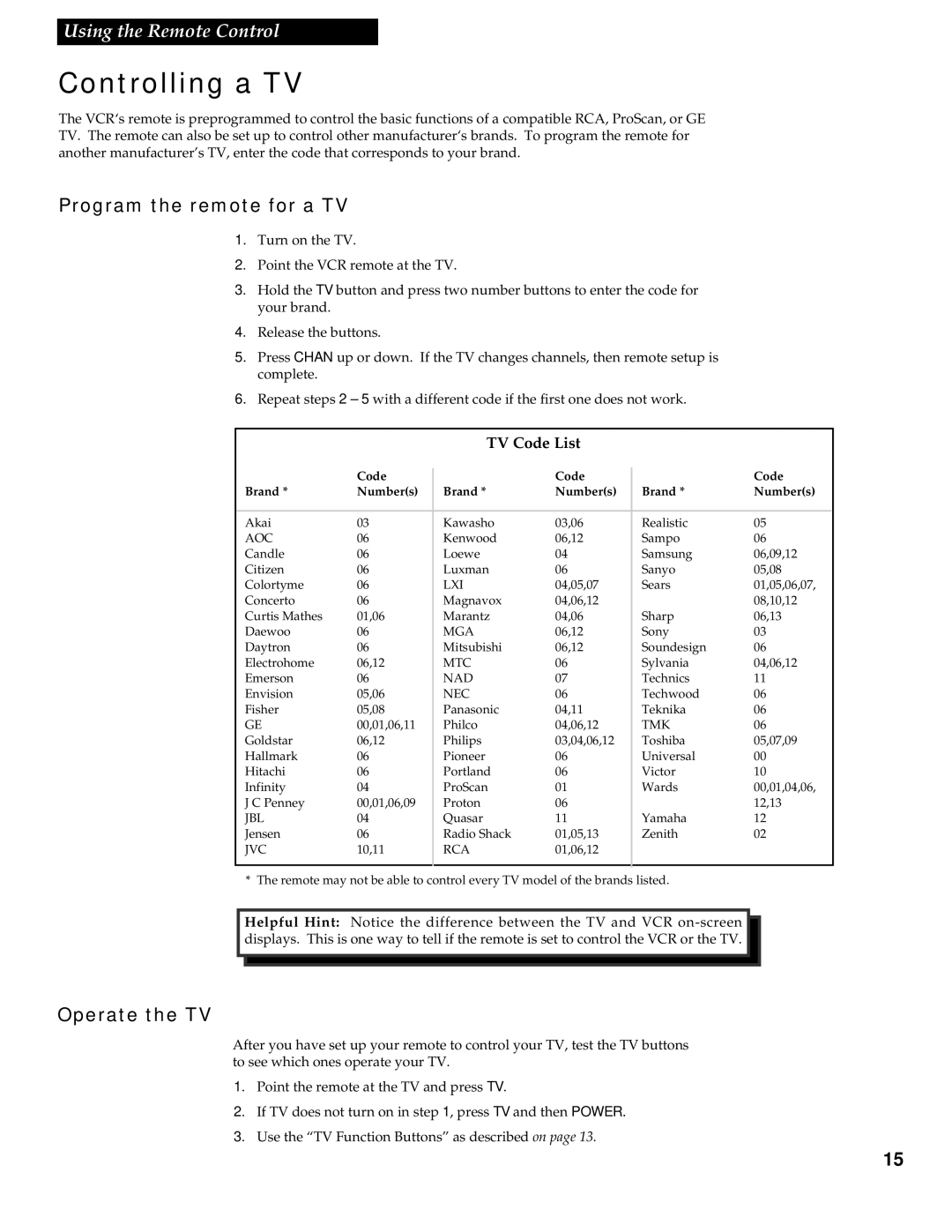 RCA VR538 manual Controlling a TV, Program the remote for a TV, Operate the TV 