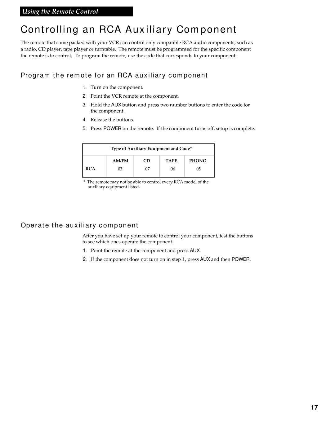 RCA VR538 manual Controlling an RCA Auxiliary Component, Program the remote for an RCA auxiliary component 