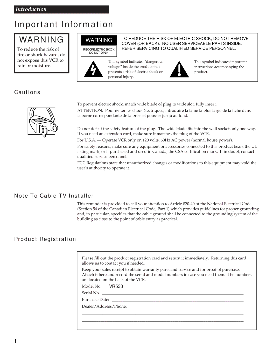 RCA VR538 manual Important Information, Product Registration 