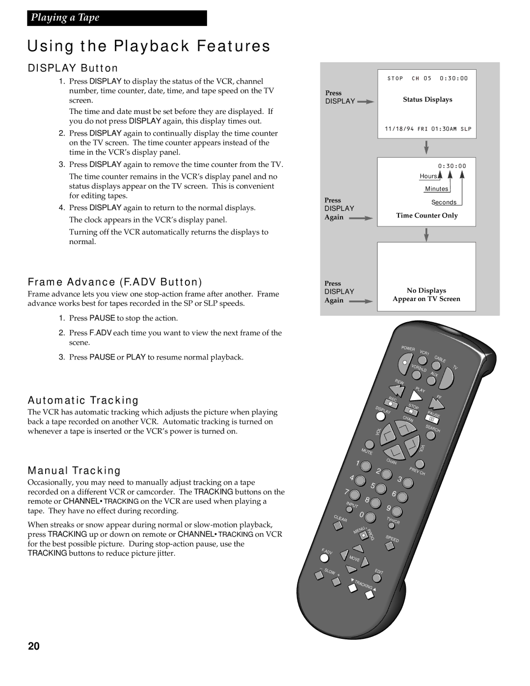 RCA VR538 manual Display Button, Frame Advance F.ADV Button, Automatic Tracking, Manual Tracking 