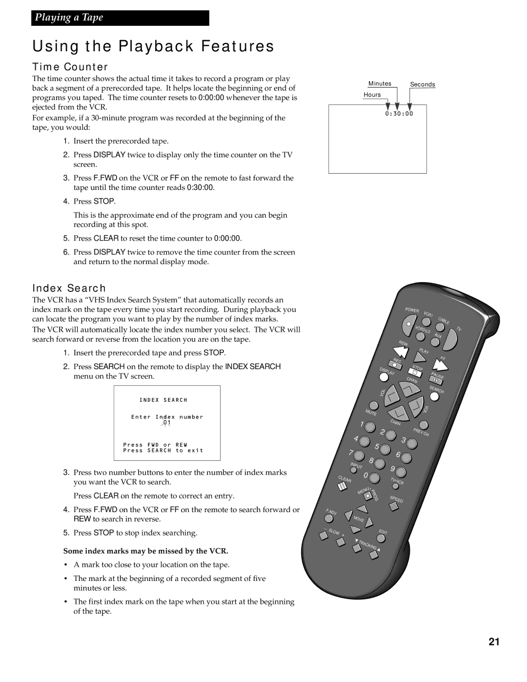 RCA VR538 manual Time Counter, Index Search, Some index marks may be missed by the VCR 