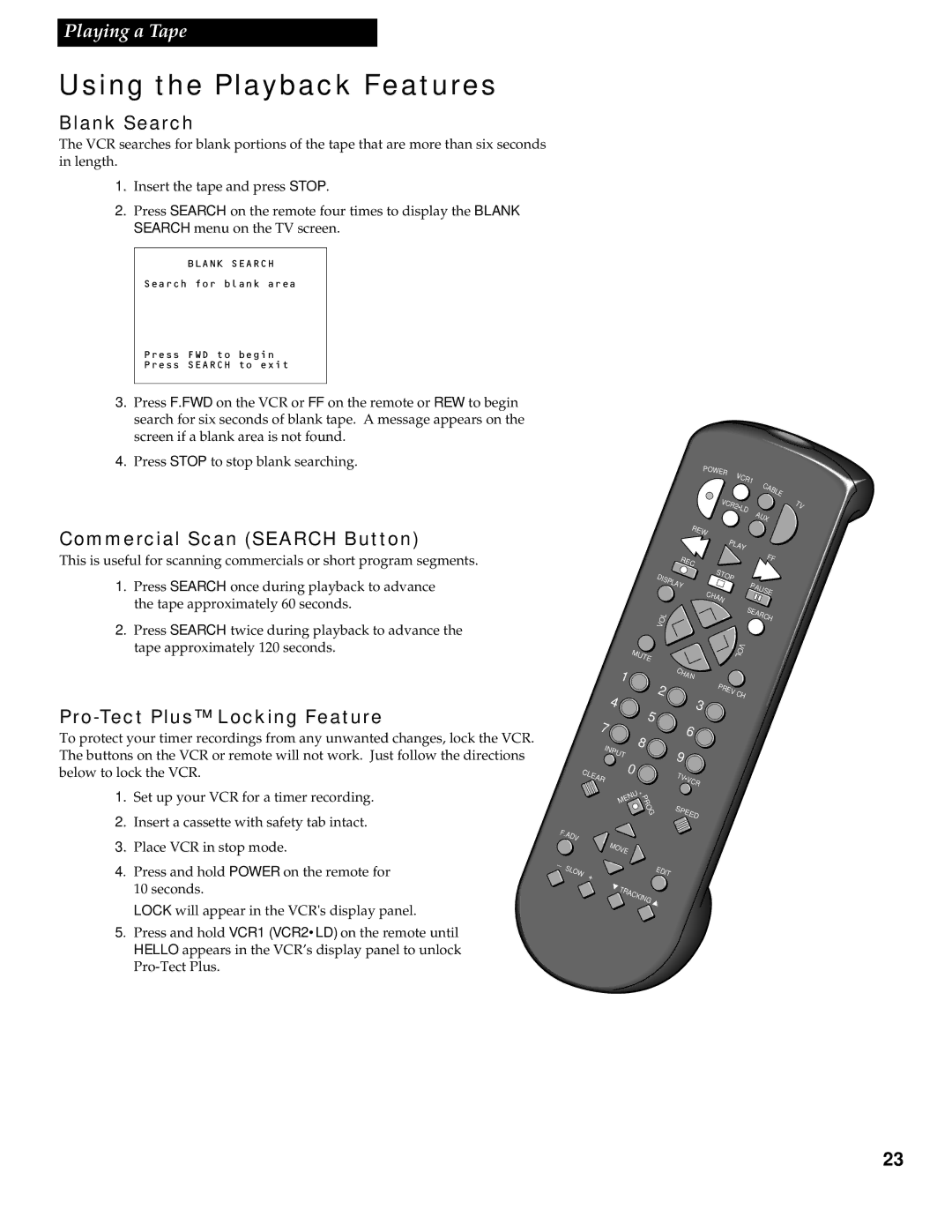 RCA VR538 manual Blank Search, Commercial Scan Search Button, Pro-Tect Plus Locking Feature 