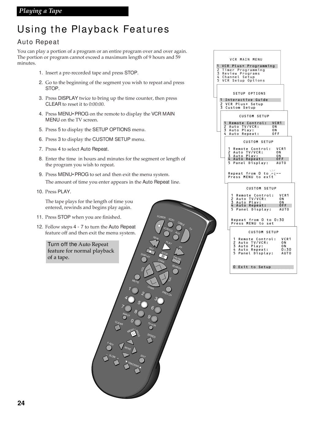 RCA VR538 manual Auto Repeat, Stop 