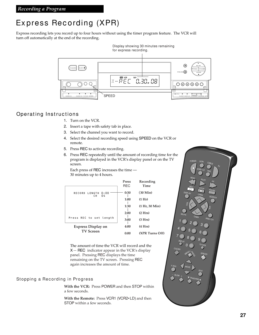 RCA VR538 manual Express Recording XPR, Operating Instructions, Express Display on TV Screen 