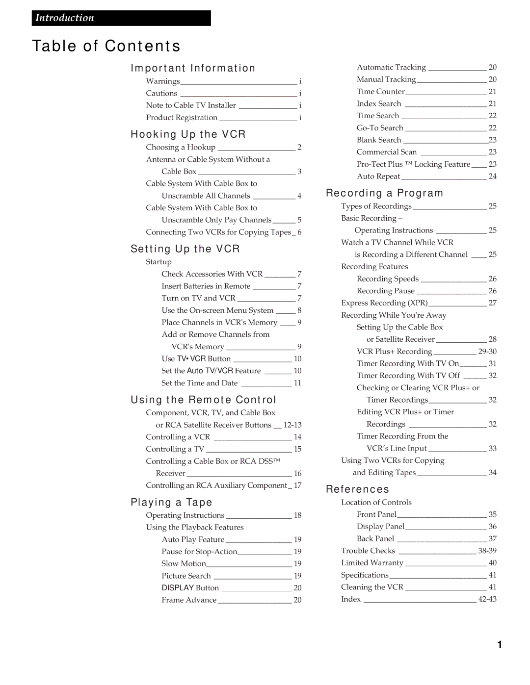 RCA VR538 manual Table of Contents 