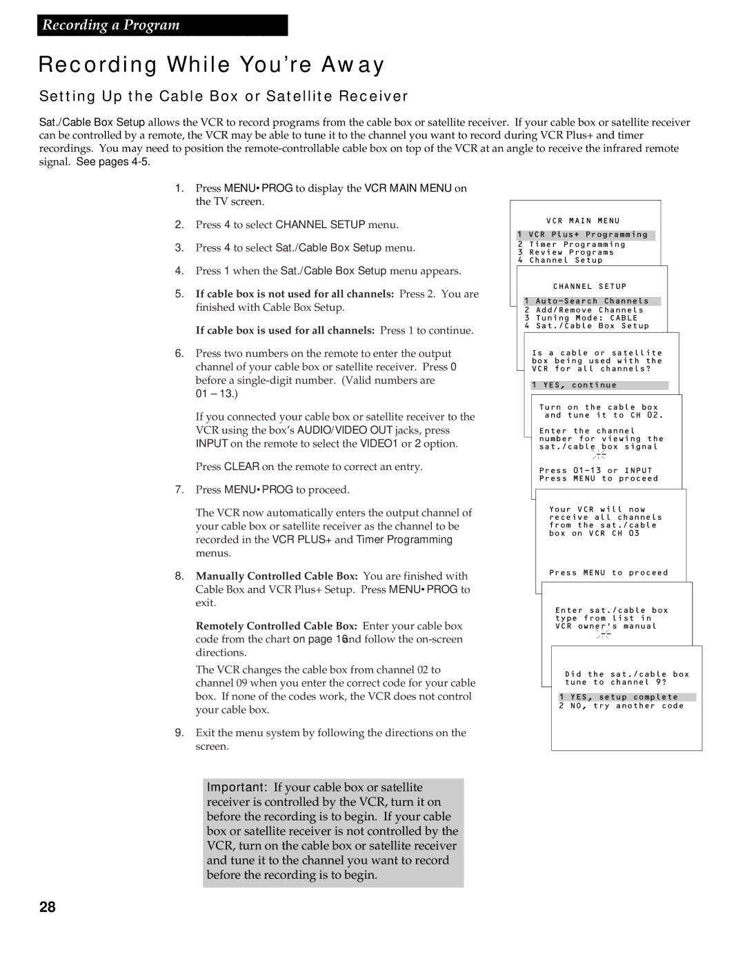 RCA VR538 manual Recording While You’re Away, Setting Up the Cable Box or Satellite Receiver 