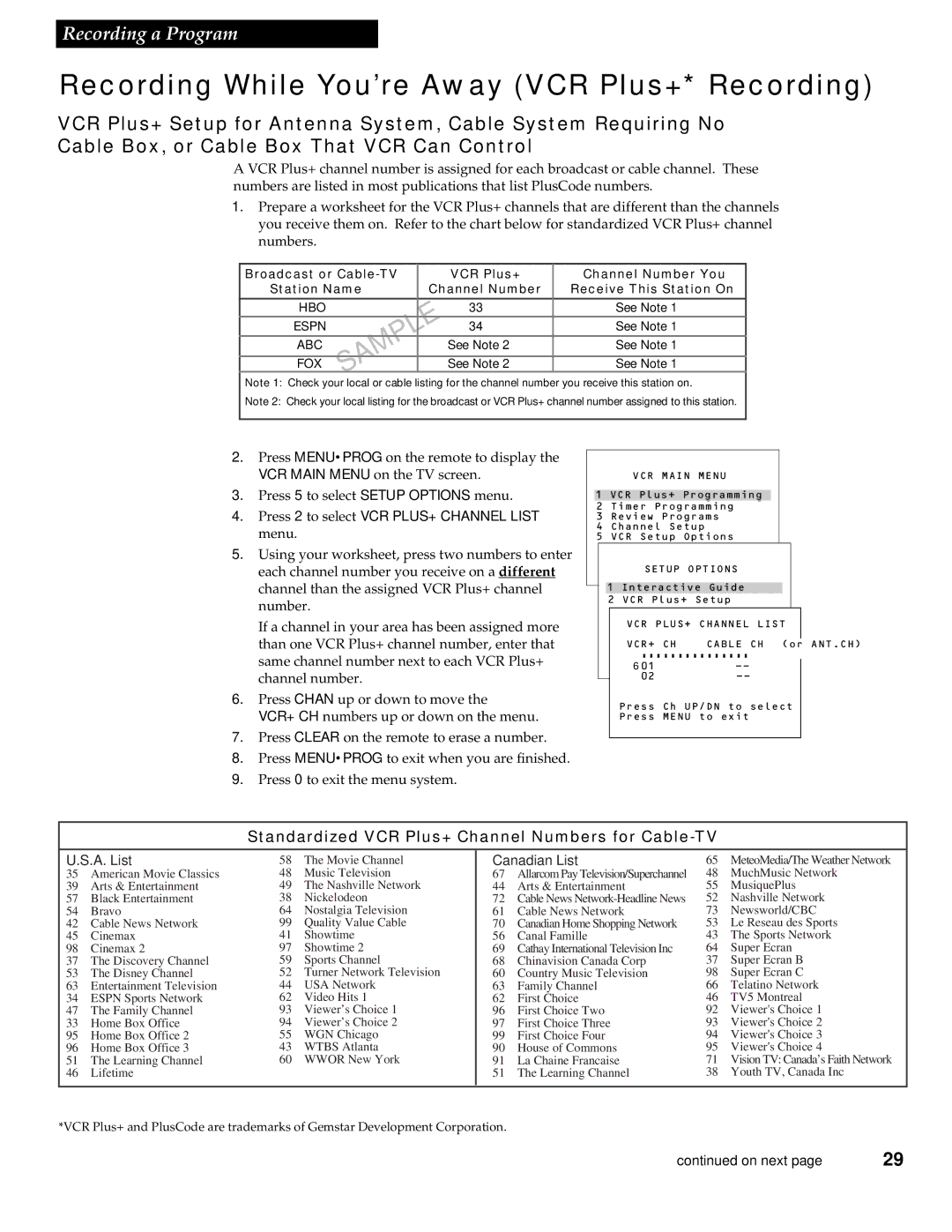 RCA VR538 manual Recording While You’re Away VCR Plus+* Recording, A. List, Canadian List 