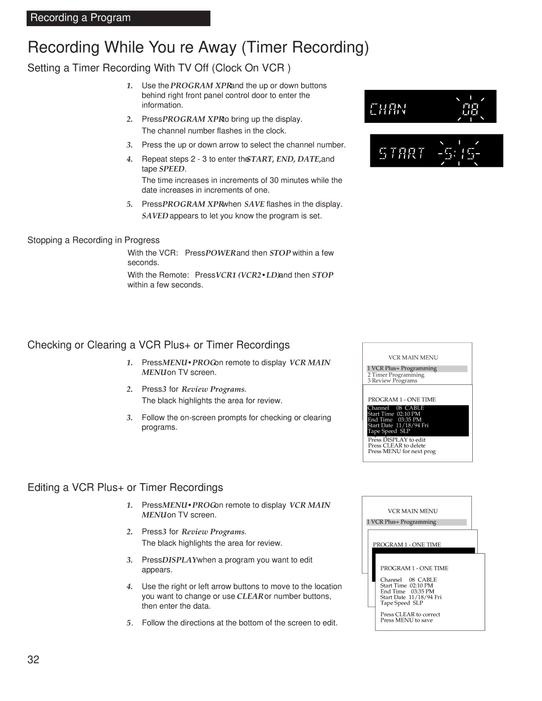 RCA VR538 manual Recording While You’re Away Timer Recording, Setting a Timer Recording With TV Off Clock On VCR 