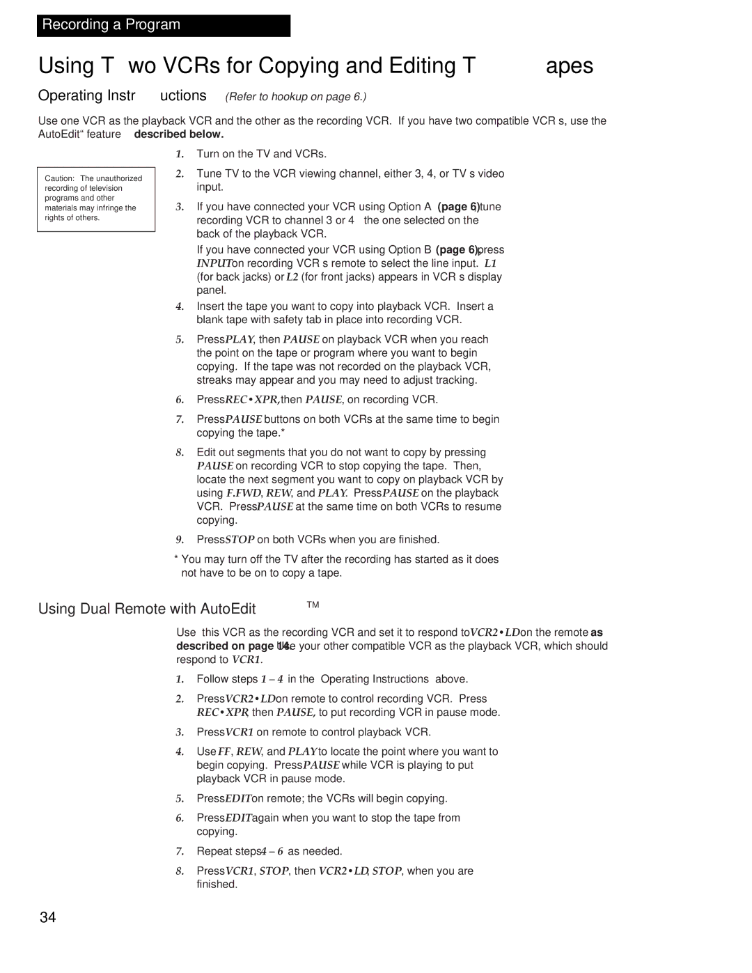 RCA VR538 manual Using Two VCRs for Copying and Editing Tapes, Using Dual Remote with AutoEditTM 