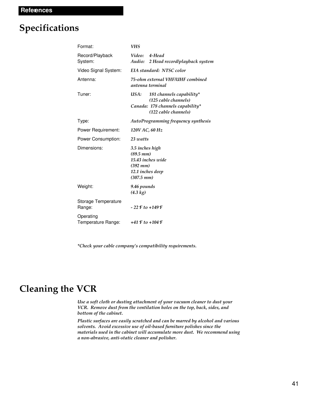 RCA VR538 manual Specifications, Cleaning the VCR 