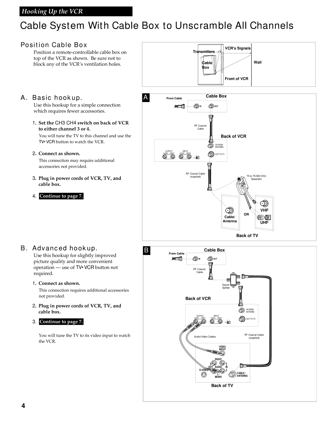 RCA VR538 manual Cable System With Cable Box to Unscramble All Channels, Position Cable Box 