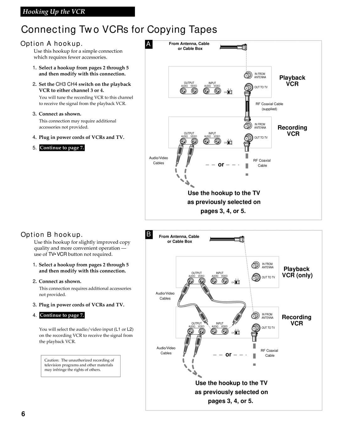 RCA VR538 manual Connecting Two VCRs for Copying Tapes, Option a hookup, Option B hookup 