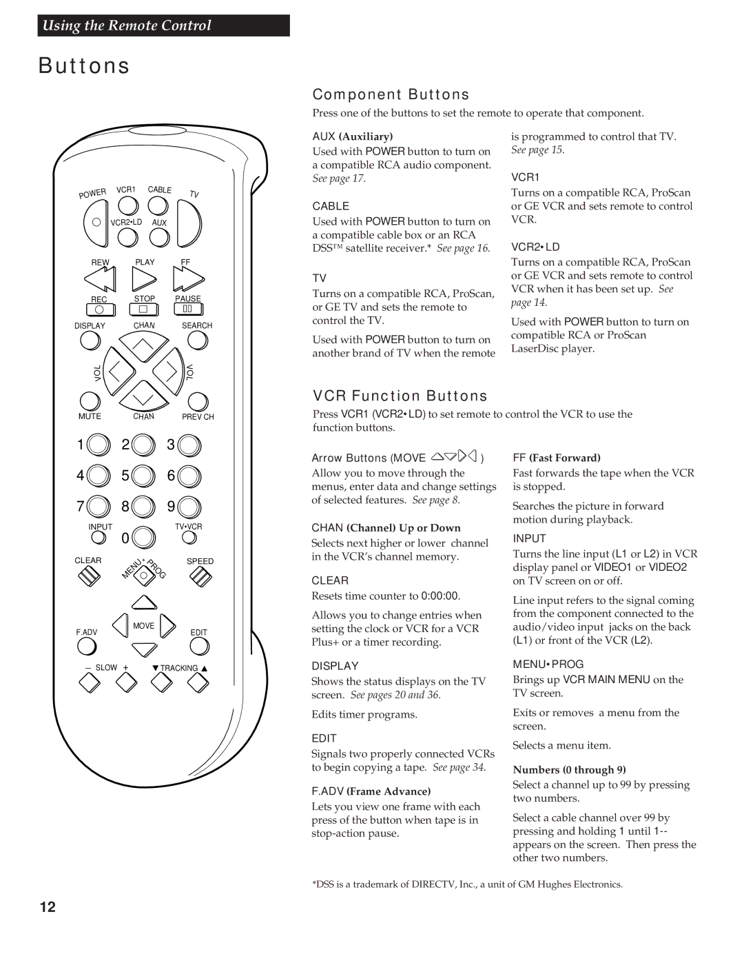 RCA VR539 manual Component Buttons, VCR Function Buttons 