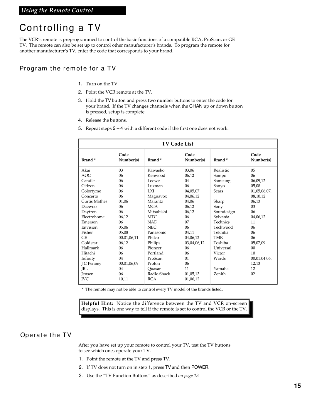 RCA VR539 manual Controlling a TV, Program the remote for a TV, Operate the TV 