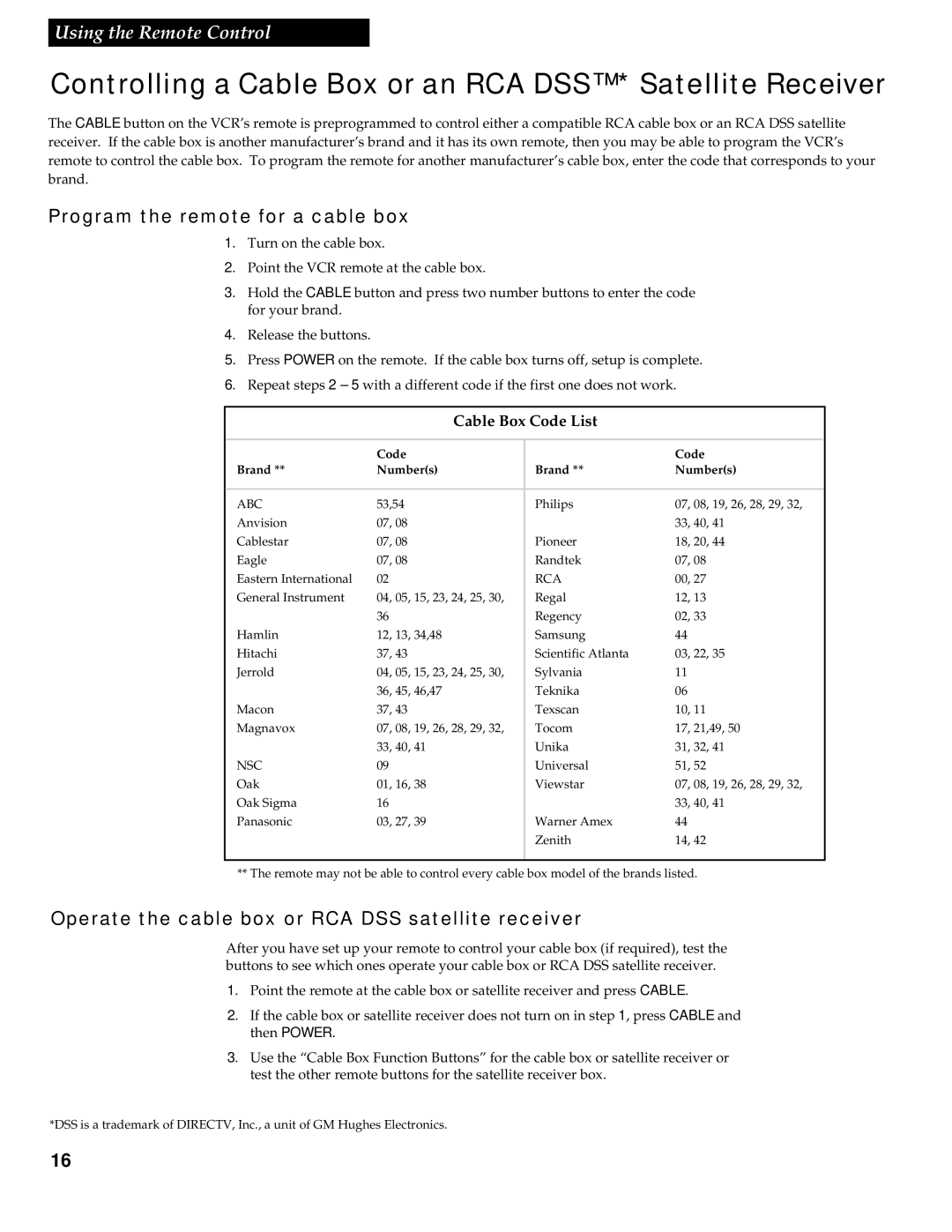 RCA VR539 manual Controlling a Cable Box or an RCA DSS* Satellite Receiver, Program the remote for a cable box 