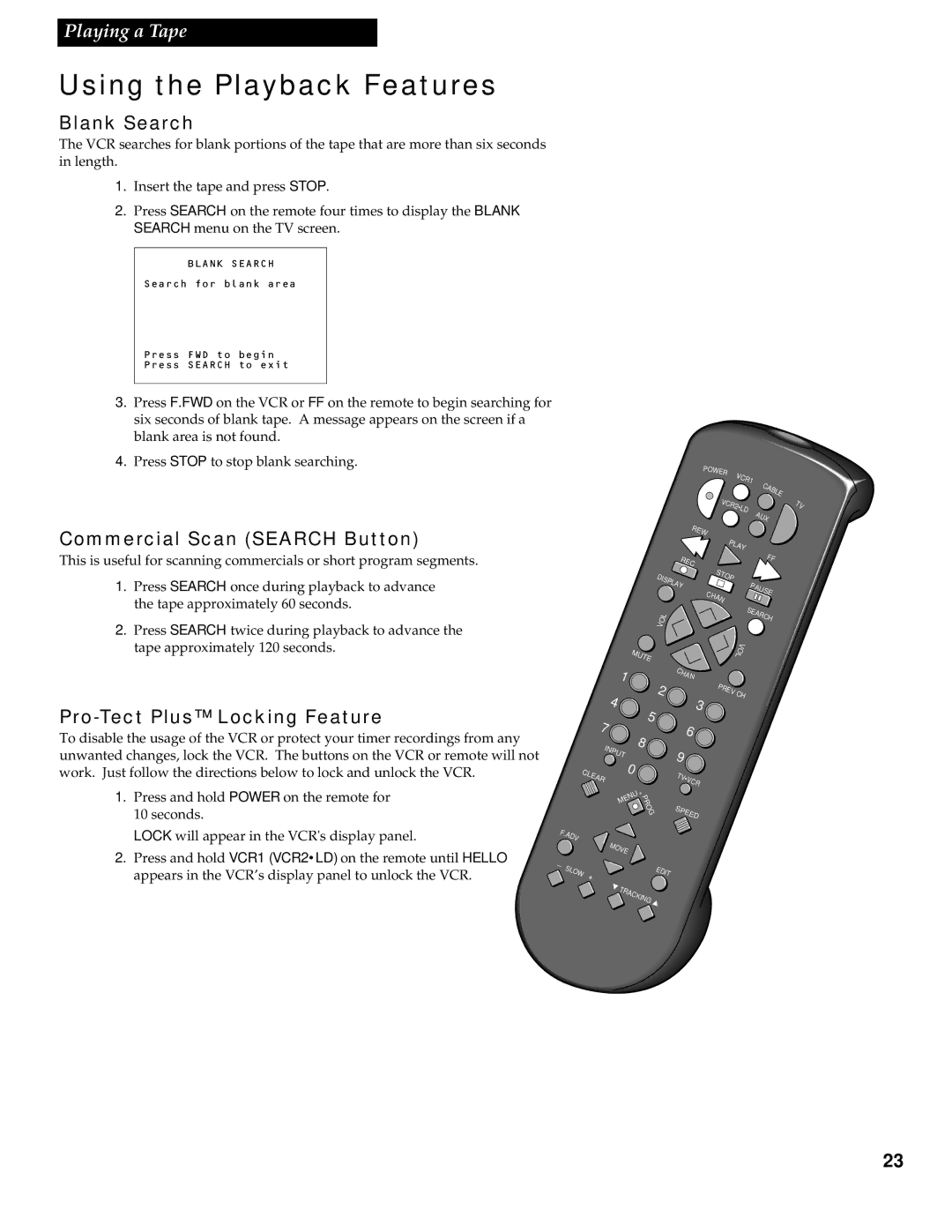 RCA VR539 manual Blank Search, Commercial Scan Search Button, Pro-Tect Plus Locking Feature 