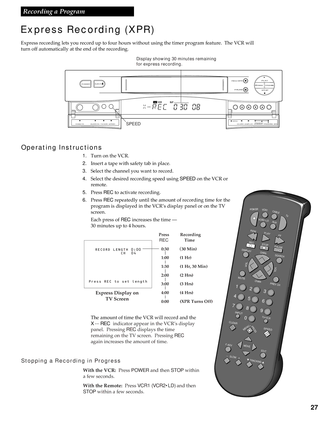 RCA VR539 manual Express Recording XPR, Operating Instructions, Express Display on TV Screen 