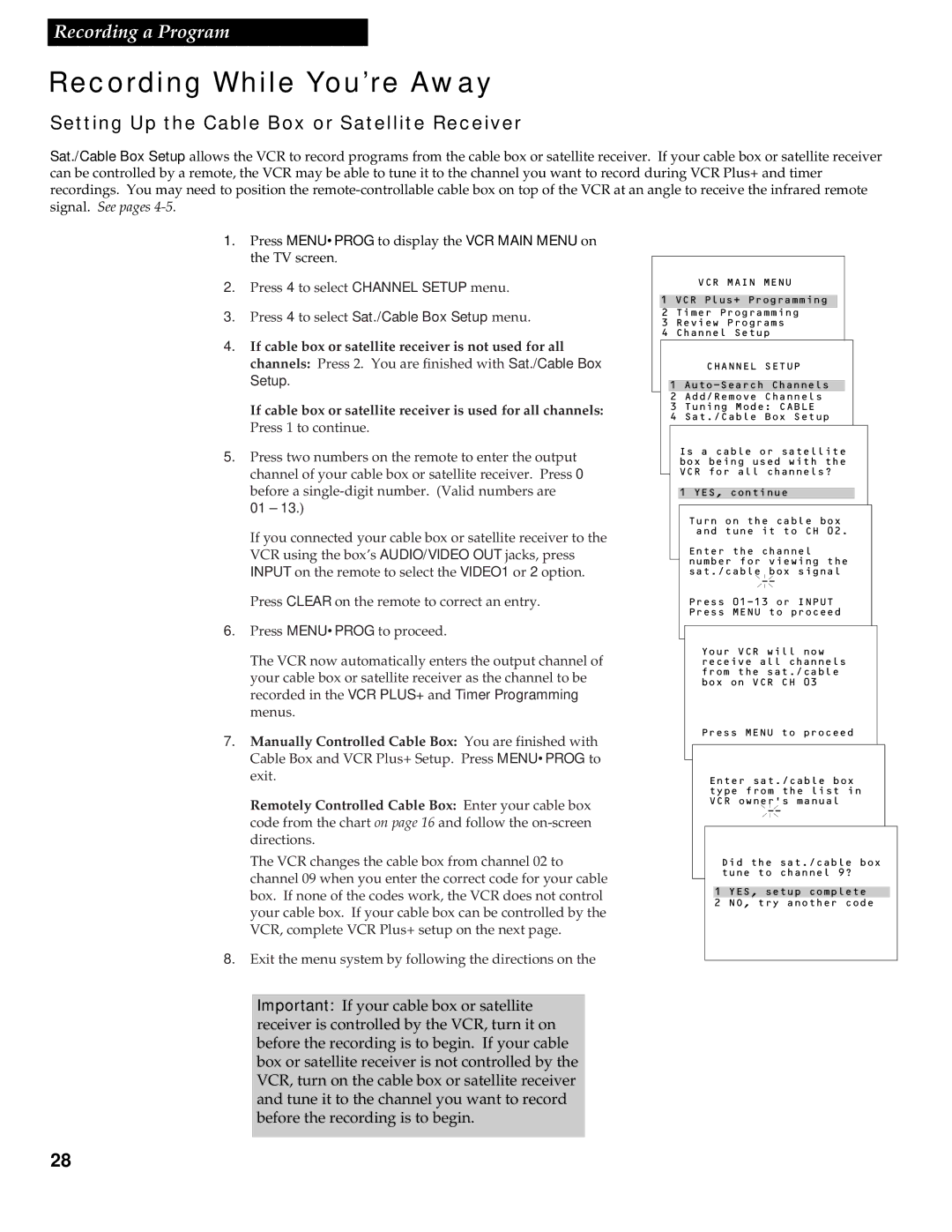 RCA VR539 manual Recording While You’re Away, Setting Up the Cable Box or Satellite Receiver 