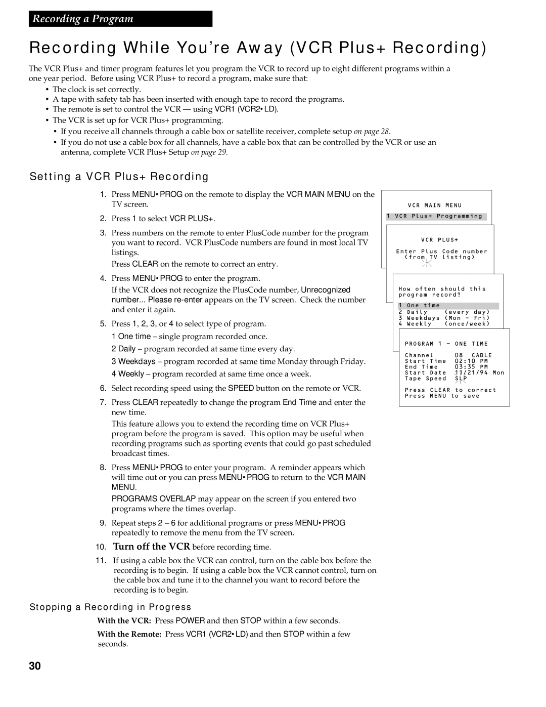 RCA VR539 manual Recording While You’re Away VCR Plus+ Recording, Setting a VCR Plus+ Recording 