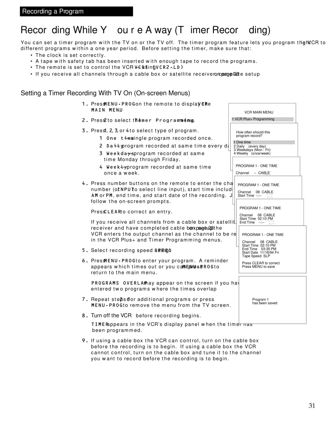 RCA VR539 manual Recording While You’re Away Timer Recording, Setting a Timer Recording With TV On On-screen Menus 