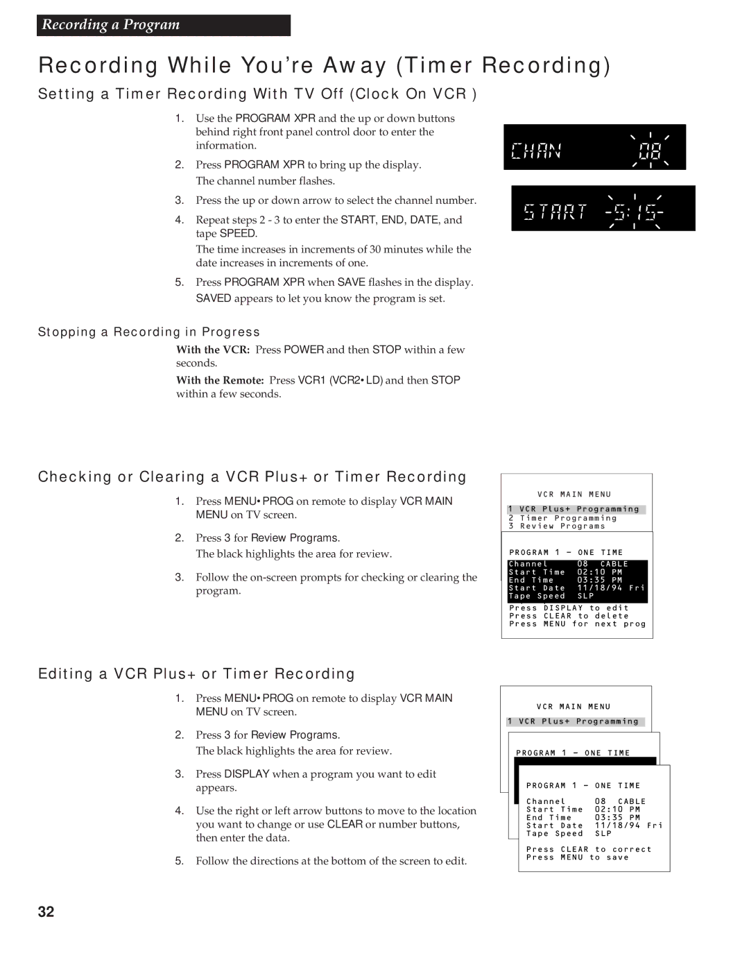 RCA VR539 manual Setting a Timer Recording With TV Off Clock On VCR, Checking or Clearing a VCR Plus+ or Timer Recording 