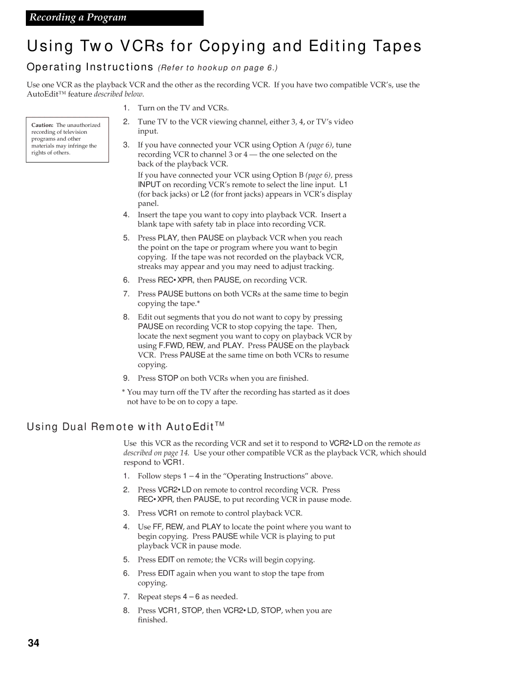 RCA VR539 manual Using Two VCRs for Copying and Editing Tapes, Using Dual Remote with AutoEditTM 